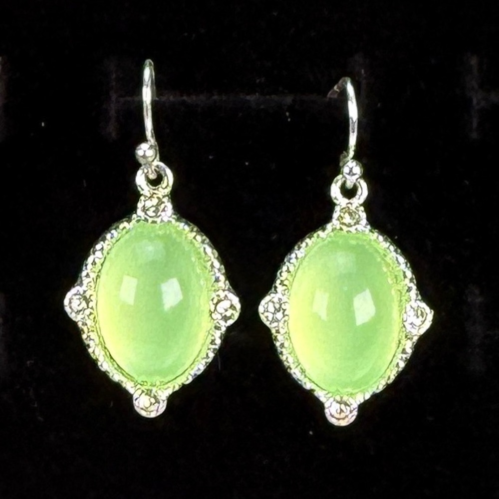 Luminous Green Oval Drop Earrings with Silvertone Accents